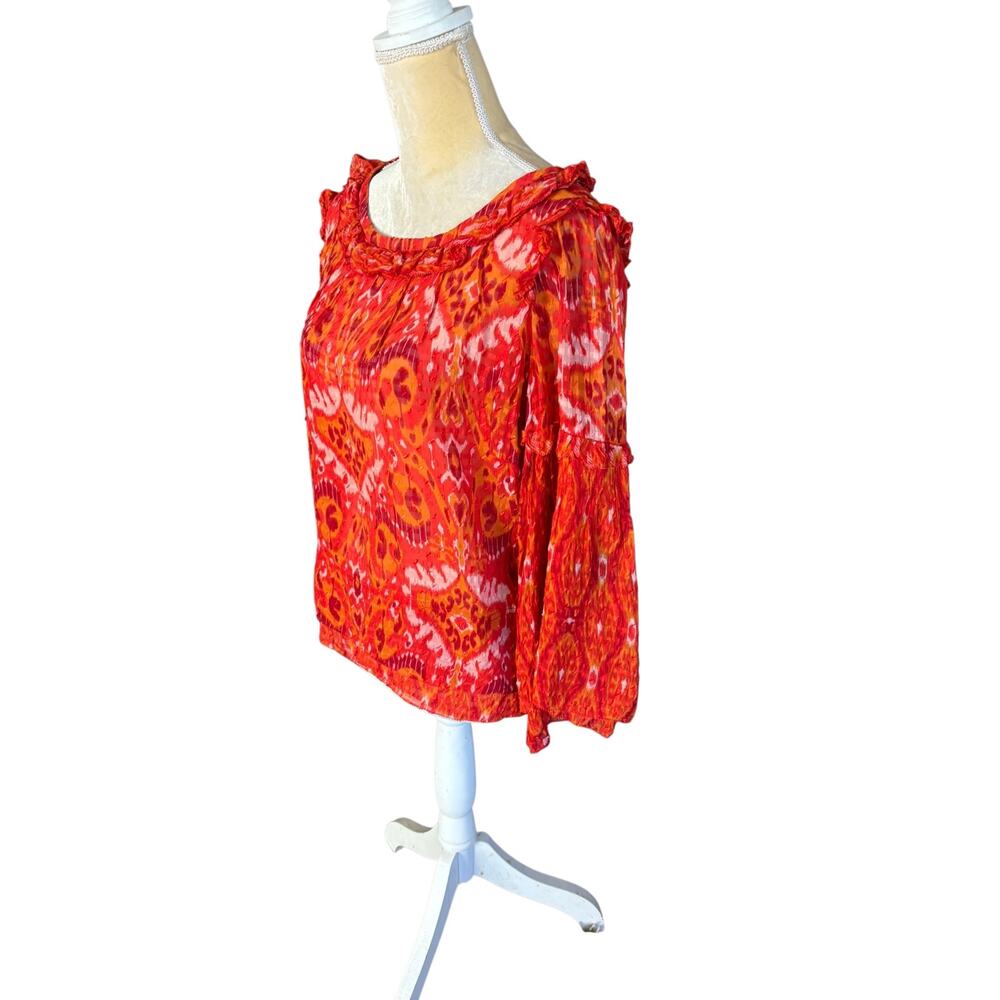 Tory Burch Orange Ikat Ruffle Blouse Top Size 12 Bergdorf Goodman Silk - Picture 6 of 15